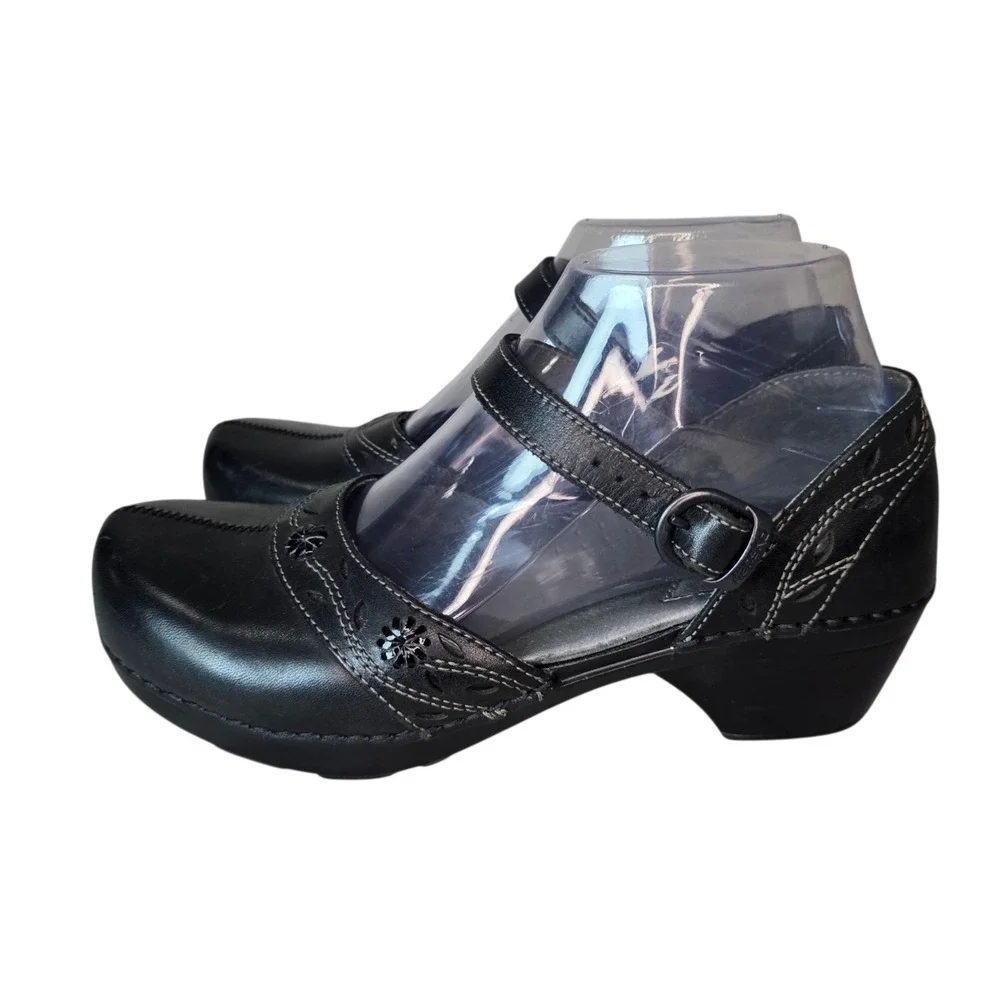 Dansko Womens EU 37 Black Leather Adjustable Strap Mary Jane Comfort Clogs